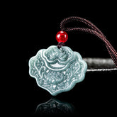 Lotus Pattern Carved Jade Pendant Necklace - ruyi-shaped celadon jade with lotus relief on black, red bead accent