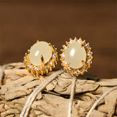 Hetian Jade Copper Earrings - oval jade studs on dried vine with golden halo, earthy elegance