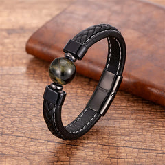 Mantra Leather Bracelet - Golden brown tiger eye stone on braided leather with white stitching, tiger eye jewelry