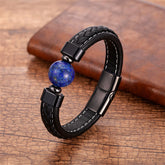 Mantra Leather Bracelet - Braided leather with blue lapis lazuli center bead on wood, mens gemstone