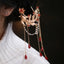 Chinese Koi Fish Hairpin – gold koi and lotus hairpin worn in hair, red agate pearls, black bg, bridal