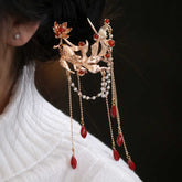 Chinese Koi Fish Hairpin – gold koi and lotus hairpin worn in hair, red agate pearls, black bg, bridal