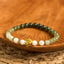 Hetian Jade Gradient Lotus Bracelet – ombre green-white beads on wooden dish with gold lotus, Balanced