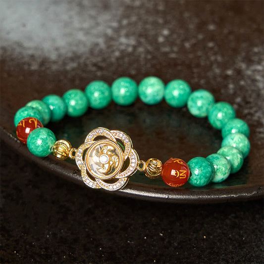 Natural Jade Om Mani Padme Hum Bracelet – Green jade beads with gold crystal medallion, jade healing bracelet