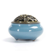 Ice Crackle Ceramic Incense Burner – Blue glazed body with antique brass floral lid on white, zen decor
