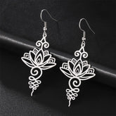 Hollow Lotus Stainless Steel Enlightenment Drop Earrings - silver lotus filigree pair on black leather, spiritual dangle