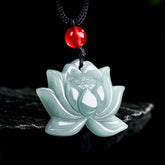 Lotus Flower Carved Jade Prosperity Necklace Pendant - celadon jade lotus with red bead on black cord, spiritual jewelry