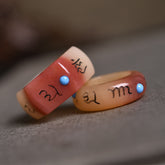 Camel Bone Om Mani Padme Hum Ring - Two stacked rings with coral-pink gradient and turquoise inlays, Tibetan ring