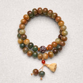 Colorful Bodhi Seed Lotus Pod Double Wrap Bracelet – multi-tone earth beads with dzi focal & lotus pod charm, mindfulness