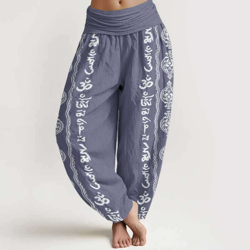Cotton Mandala Om Harem Pants – slate blue with white Sanskrit print, 3/4 angle on model, boho yoga pants