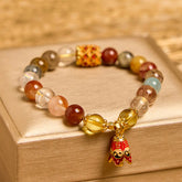 Natural Rutilated Quartz Yin Yang Bracelet - Multi-Gemstone Bead Bracelet with Gold Koi Fish Charm, Gemstone Bracelet