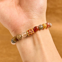 Natural Rutilated Quartz Yin Yang Bracelet - Earth-Tone Rutilated Quartz Bracelet with Gold Crystal Accent, Stretch Bracelet