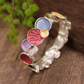 Tree of Life Alloy Elastic Bracelet – multicolor enamel discs on rustic wood, red medallion, boho jewelry