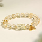 Natural Citrine PiXiu Copper Coin Wealth Bracelet – front view white background, clear citrine beads, gold coin charm wealth