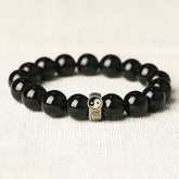 Black Obsidian Nine-Character Mantra Yin Yang Bracelet - gold yin-yang charm on black beads, spiritual jewelry