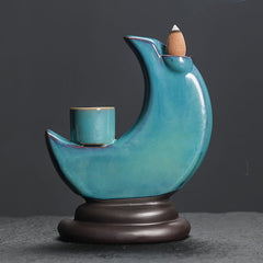 Crescent Moon Incense Burner – Teal glazed crescent moon with candle cup, backflow ceramic decor