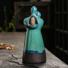 Ceramic Lovers Embrace Backflow Incense Burner - Teal glaze, silver heart, prayer beads, meditation decor
