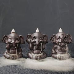 Cute Elephant Incense Burner – Trio of meditating elephants, smoke flows down like mist, ceramic