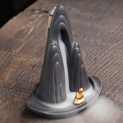 Little Monk Purple Clay Backflow Incense Burner - Three mountain peaks with gold figure and smoke, zen decor