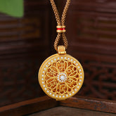 Om Mani Padme Hum Pendant – Frontal close-up with Tibetan mantra engraving and pave gemstone halo, Buddhist necklace