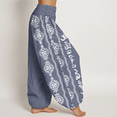Cotton Mandala Om Harem Pants – side profile showing full volume drape and white mandala print, harem yoga pants