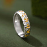 Hammered Om Mani Padme Hum Ring - side view gold mantra on textured silver band, spiritual silver ring
