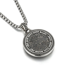 Snake Yin Yang Necklace - Antique silver coin pendant with sun and moon engraved quote and beaded border on box chain, quote