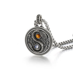 Snake Yin Yang Necklace - Oxidized silver yin-yang snake pendant with amber and blue cabochons and star motifs, men's pendant
