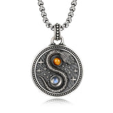 Snake Yin Yang Necklace - Antique silver yin-yang snake pendant with amber and moonstone on box chain, yin-yang necklace