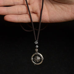 Om Mani Padme Hum Pendant – Held in hand on black background showing actual size and bead details, prayer wheel necklace