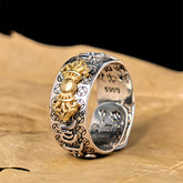 Vajra Om Mani Padme Hum Ring – Gold dorje symbol with S990 silver stamp and coin motifs, Tibetan jewelry