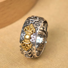 Vajra Om Mani Padme Hum Ring – Gold ornate crest with oxidized silver coin-patterned band, Buddhist men ring
