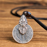 Mountain Ghost Bagua Copper Pixiu Necklace – silver pixiu bagua pendant wooden background black cord, protection