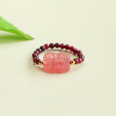 Garnet Strawberry Quartz Pixiu Ring – pink strawberry quartz pixiu garnet beads gold accents green leaf, love healing