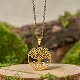 Tree of Life Titanium Steel Necklace – gold-tone pendant on wood slice with moss, nature spiritual jewelry