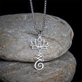 Chakra Lotus Necklace – Silver lotus-unalome pendant with heart detail on zen stones, chakra jewelry