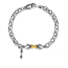 Copper Vajra Om Mani Padme Hum Bracelet – full overhead view showing engraved chain links and gold bead detail on white