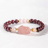 Garnet Strawberry Quartz Pixiu Bracelet – front Pixiu charm detail close-up, good luck bracelet