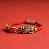 925 Sterling Silver Pixiu Om Mani Padme Hum String Bracelet – silver Pi Xiu red string side red bg, feng shui luck