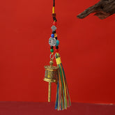 Gold Tibetan Prayer Wheel Key Chain with colorful tassels and beads, Om Mani Padme Hum