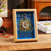Lotus Golden Inlot Thangka Frame - Royal blue mandala with silver lotus ornament on honey wood frame, spiritual