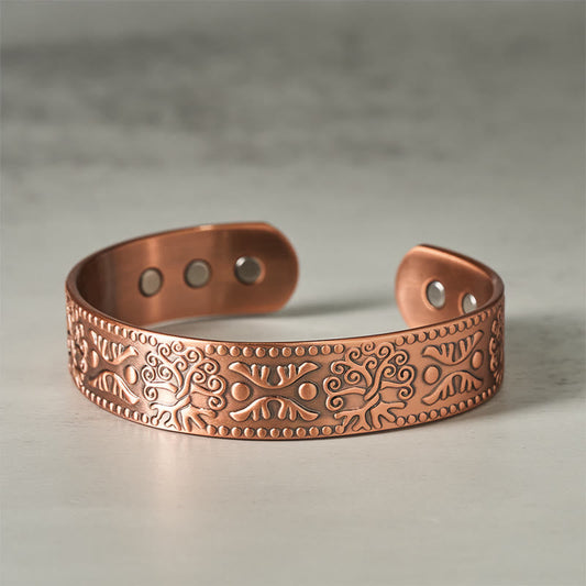 Tree of Life Copper Cuff Bracelet – rose gold copper open cuff with tree engraving and magnets, self care jewelry