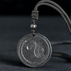 Natural Shungite Carved Yin Yang Pendant - close-up carved texture, shungite amulet