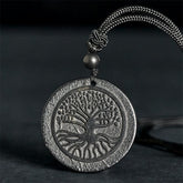Tree of Life Shungite Stone Necklace – round shungite pendant with tree carving on braided cord, protection jewelry