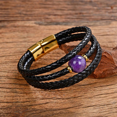 Leather Mantra Bracelet - Purple amethyst on black braided leather with gold clasp, mens healing bracelet