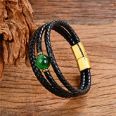 Leather Mantra Bracelet - Green stone bead on double black leather with gold clasp on wood, mens gemstone