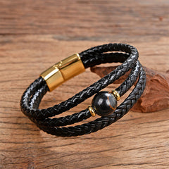 Leather Mantra Bracelet - Dark chatoyant tiger eye bead on black leather with gold hardware, mens bracelet