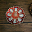 Lotus Home Decoration Incense Burner – Red blue enamel petals, gold trim, top view on dark wood, Meditative