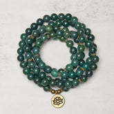 Moss Agate Lotus Beaded Healing Mala – coiled green moss agate beads with brass spacers, Calming
