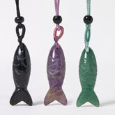 Koi Fish Crystal Necklace Pendant – three stone variants black amethyst green on white, healing crystal jewelry